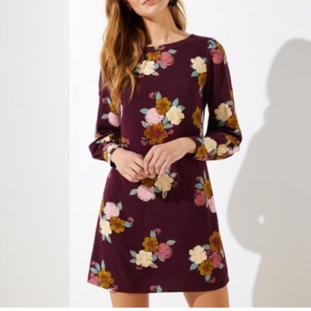 LOFT Burgundy Floral Long Sleeve Dress 12p EUC